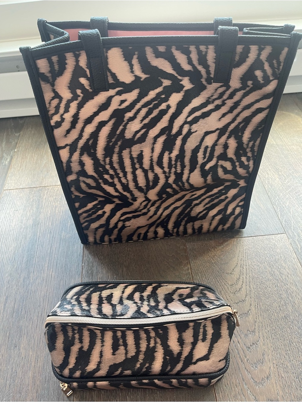 Neiman Marcus Zebra Print Tote with Matching two-compartment makeup bag